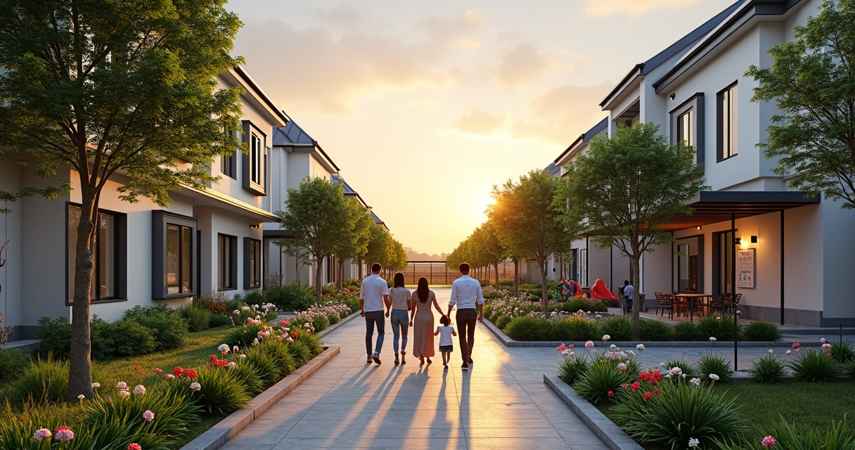 Família caminhando em área de lazer de condomínio fechado moderno