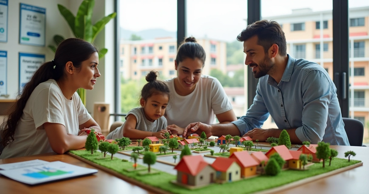 Família observando maquete de condomínio Minha Casa Minha Vida