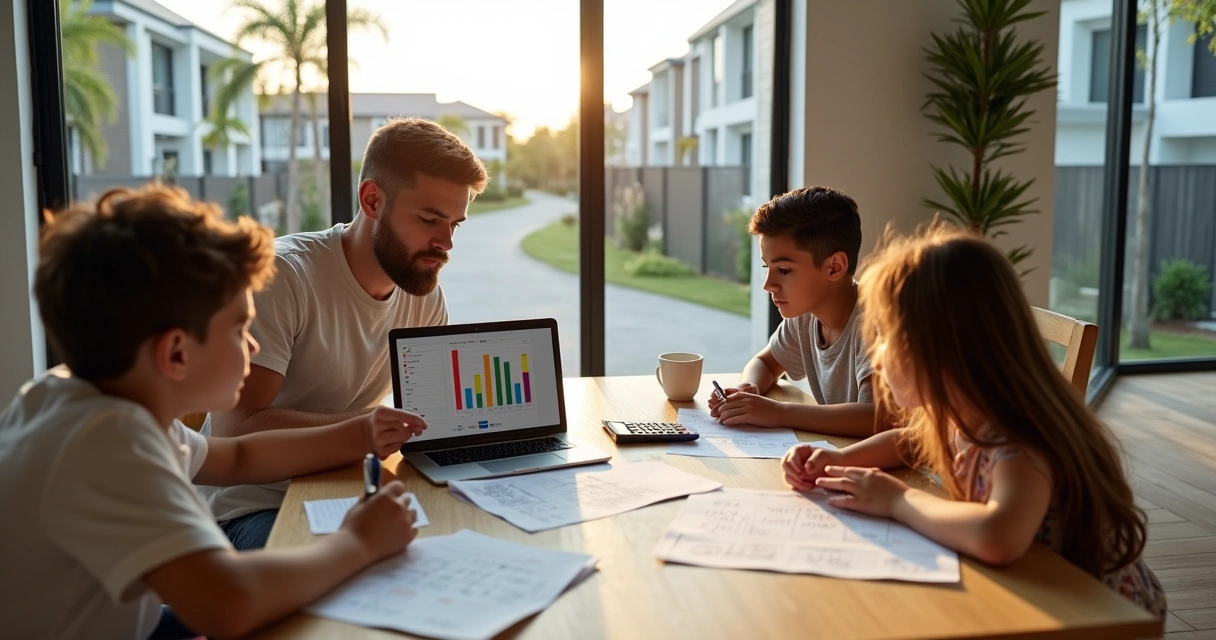 Família organizando finanças do IPTU em casa de condomínio fechado