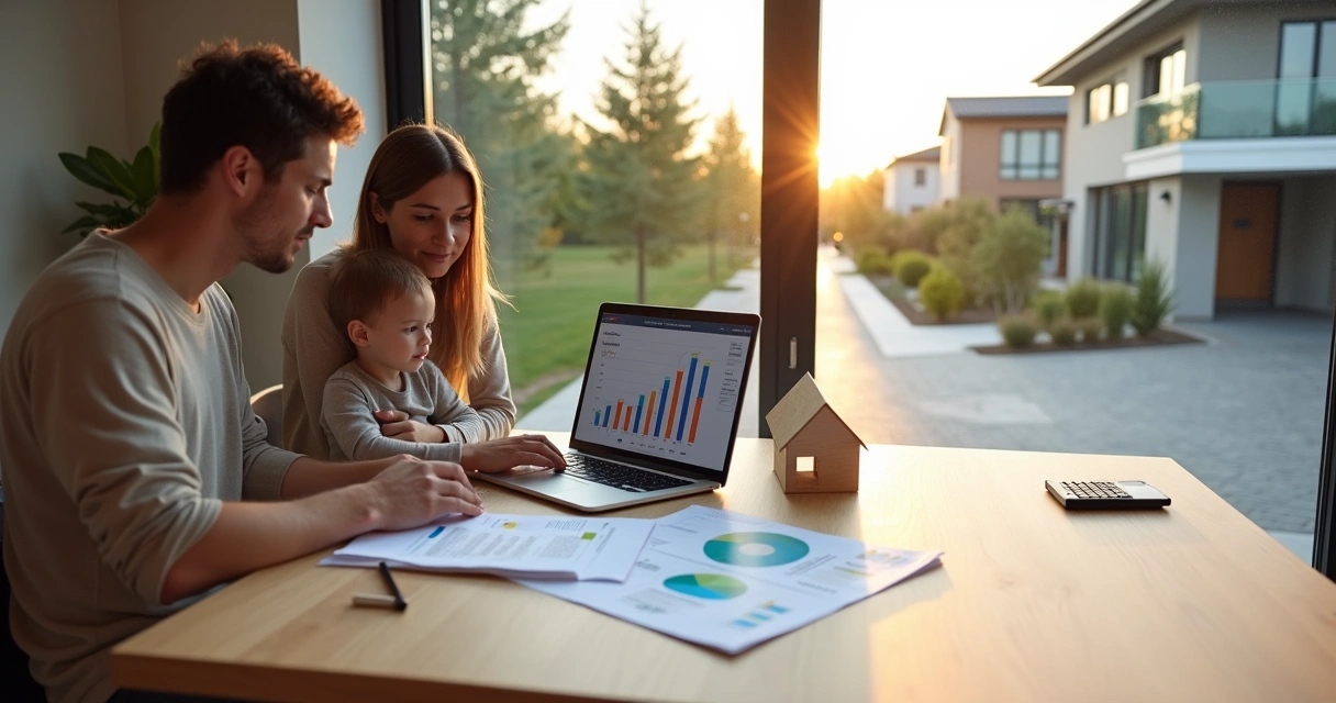 Família jovem analisando simulação de financiamento em frente a uma casa moderna