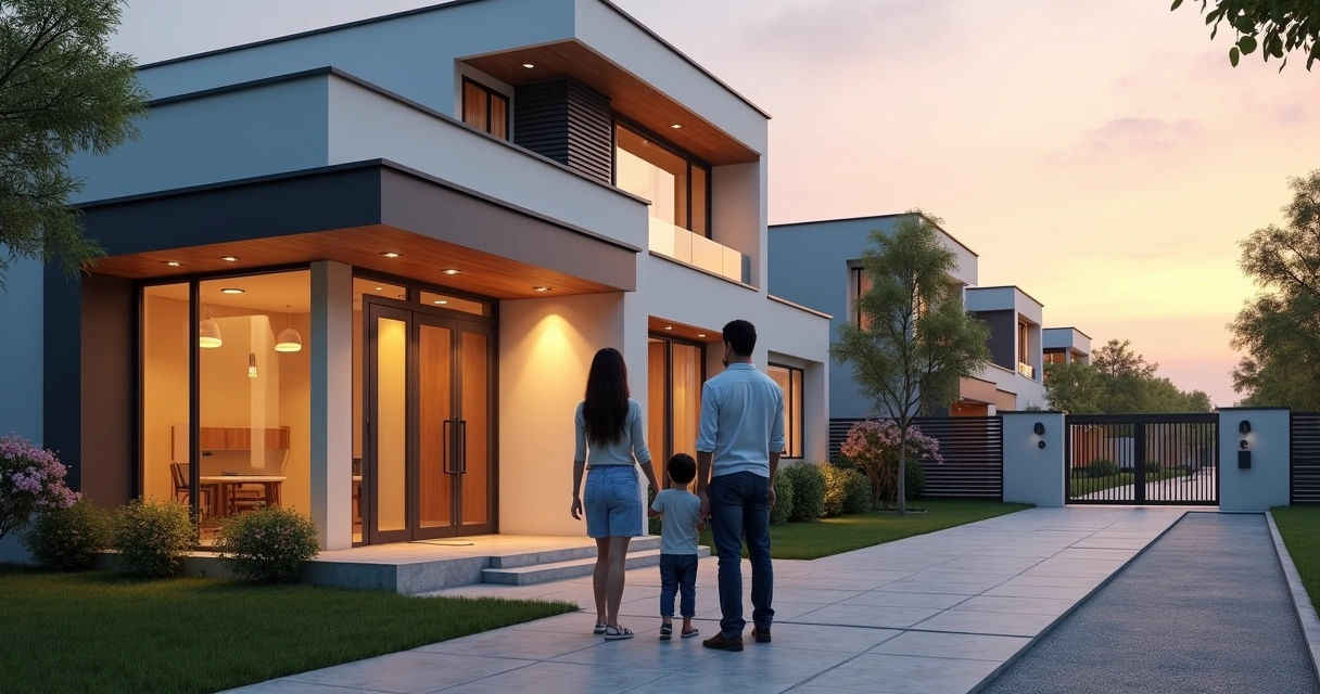 Família observando casa moderna em condomínio fechado ao pôr do sol